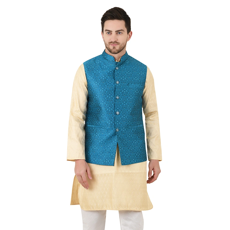 Male model in golden brocade kurta with teal blue printed Nehru jacket and white pyjama - ethnic wear ecommerce photography by Lohar Studio Delhi